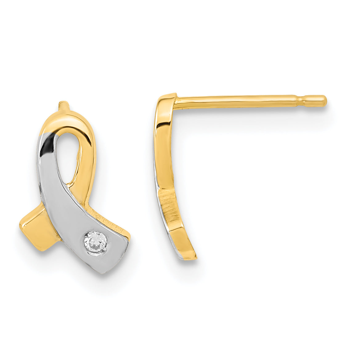 14K Yellow & Rhodium Gold White Cz Awareness Post Earrings