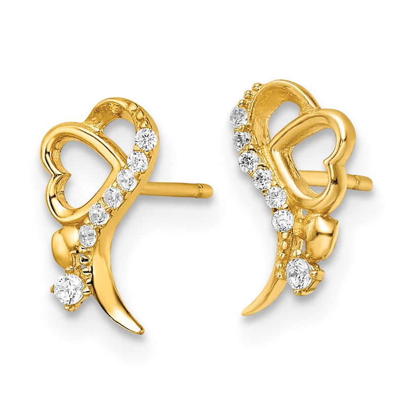 14K Yellow Gold Polished CZ and Heart Post Earrings