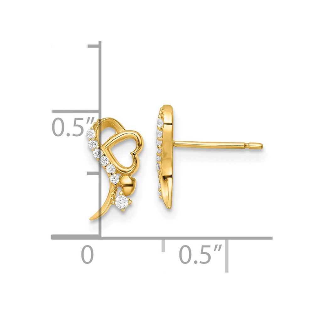 14K Yellow Gold Polished CZ and Heart Post Earrings