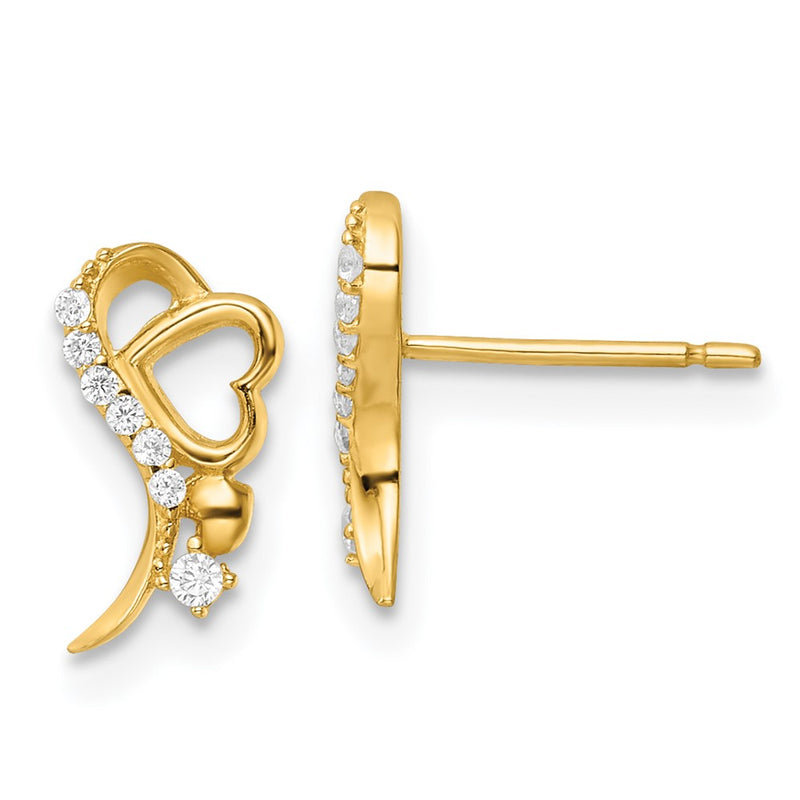 14K Yellow Gold Polished CZ and Heart Post Earrings