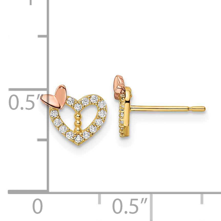 14K Two Tone Cz Heart Butterfly Post Earrings