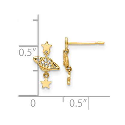 14K Yellow Gold Cz Saturn & Stars Dangle Post Earrings