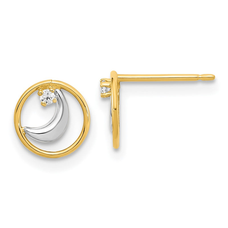 14K Yellow & Rhodium Gold White Open Circle Cz Half Moon Post Earrings