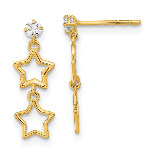 14K Yellow Gold Polished Dangle Star With Cz Post Earrings