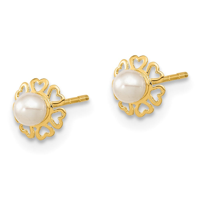 14K Yellow Gold Polished Small Heart Petals With Fw Cultured Pear Post Earrings