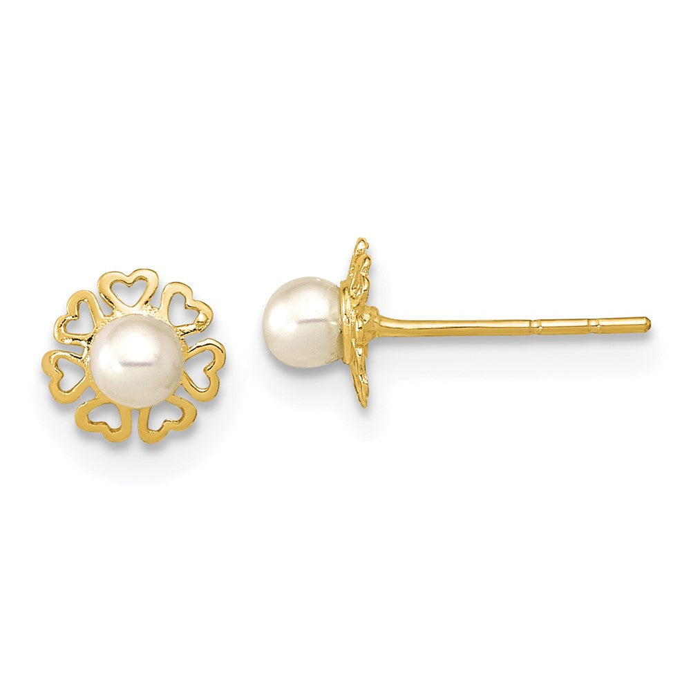 14K Yellow Gold Polished Small Heart Petals With Fw Cultured Pear Post Earrings