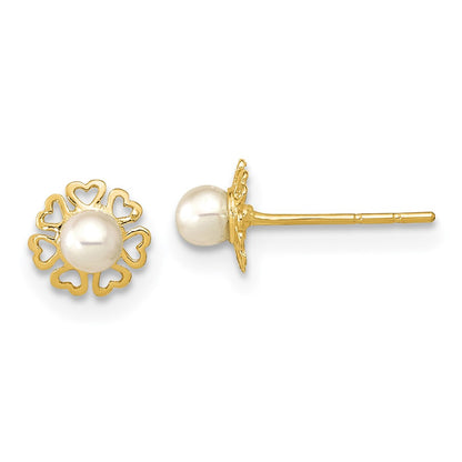 14K Yellow Gold Polished Small Heart Petals With Fw Cultured Pear Post Earrings