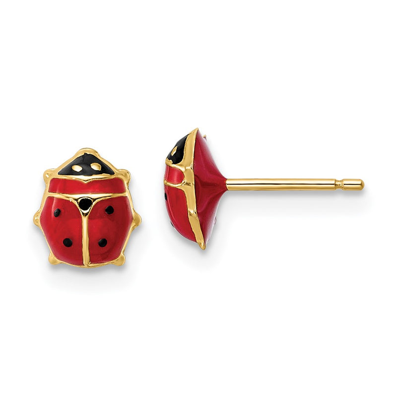 14K Yellow Gold Polished Enameled Medium Ladybug Post Earrings