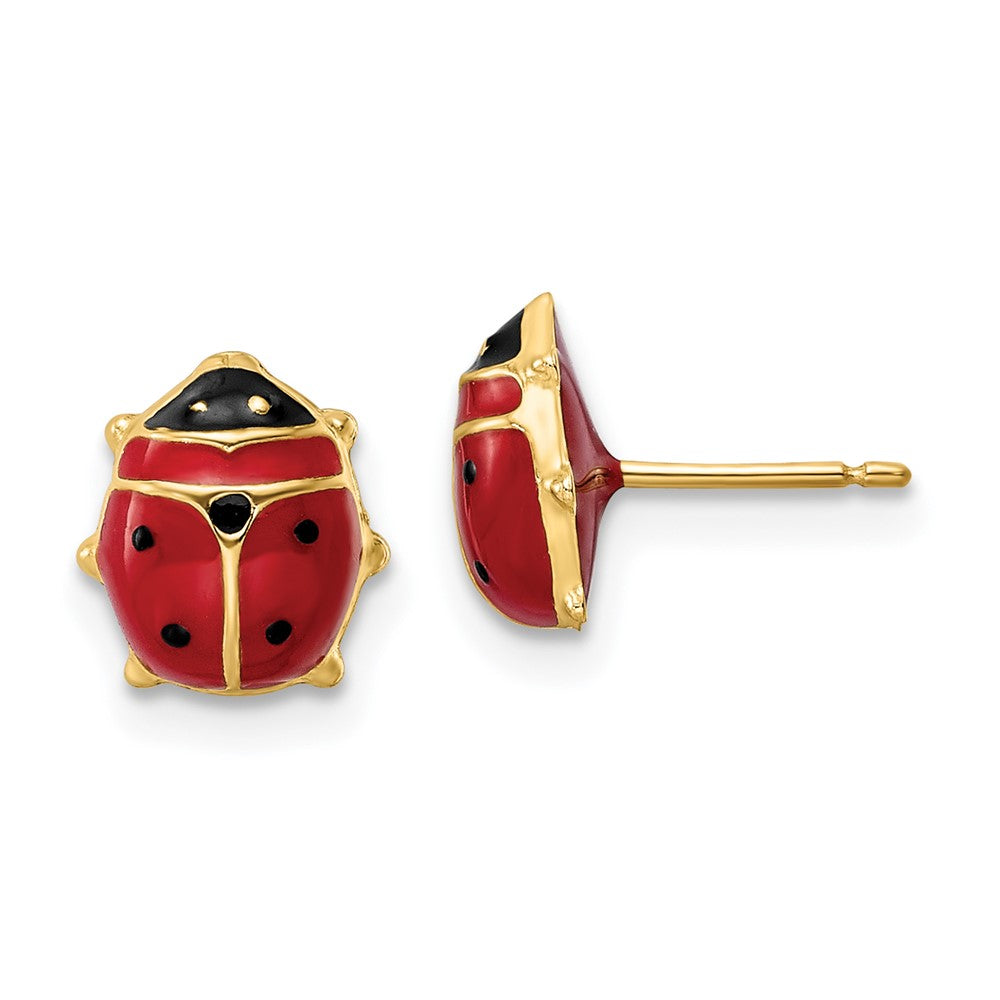 14K Yellow Gold Polished Enameled Large Ladybug Post Earrings