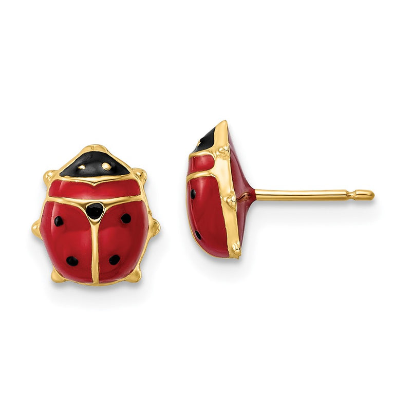 14K Yellow Gold Polished Enameled Large Ladybug Post Earrings
