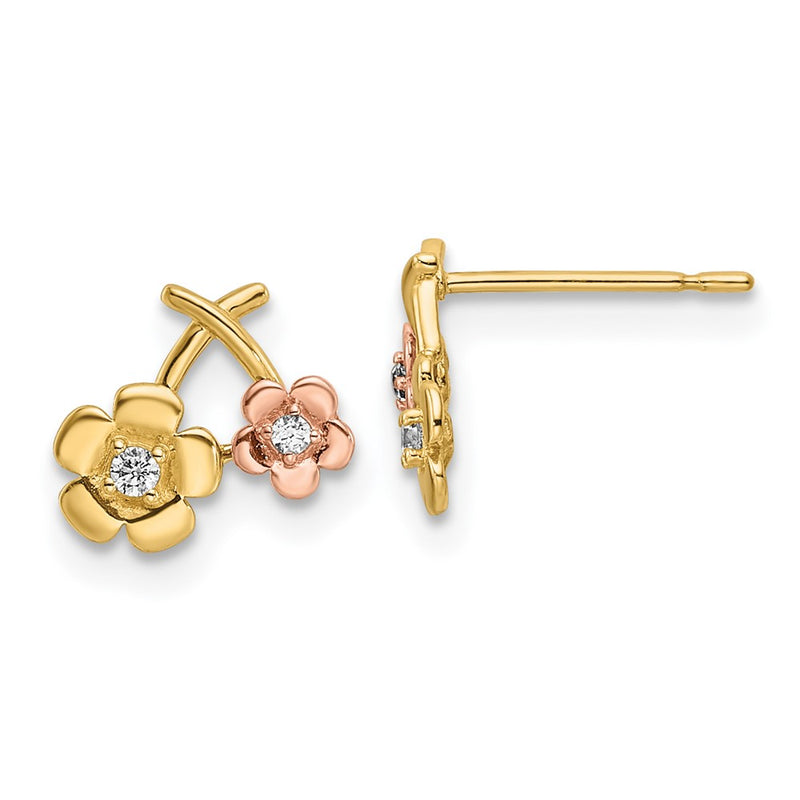 14K Two Tone Cz Flowers Post Earrings
