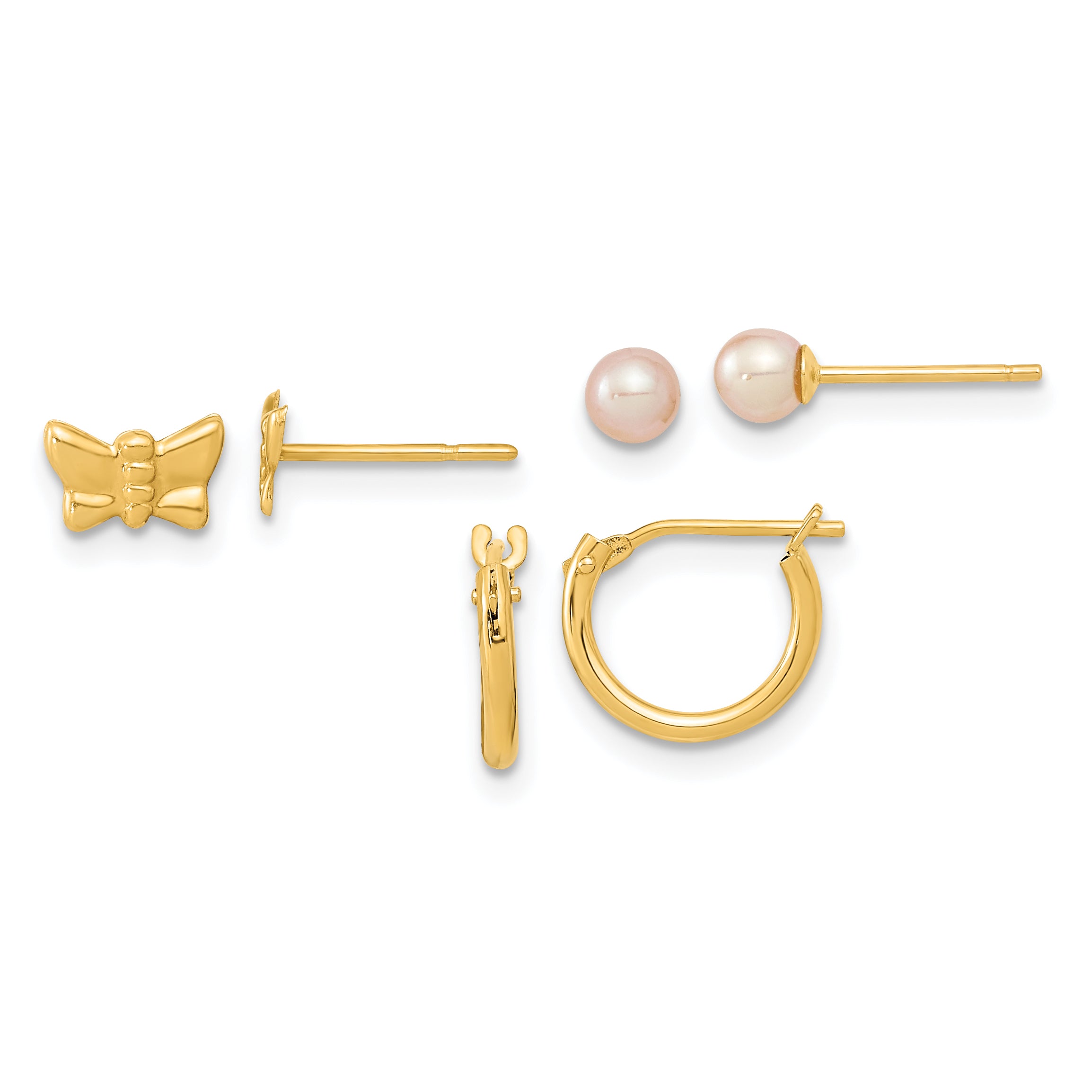 14K Yellow Gold Butterfly Fw Cultured Pearl And Hoop 3 Pair Earrings Set