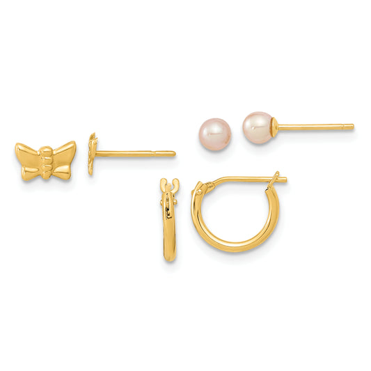 14K Yellow Gold Butterfly Fw Cultured Pearl And Hoop 3 Pair Earrings Set