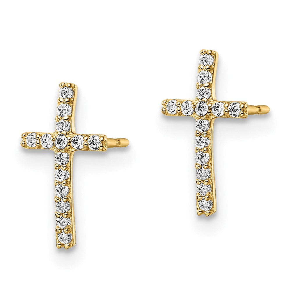 14K Yellow Gold Cz Cross Post Earrings