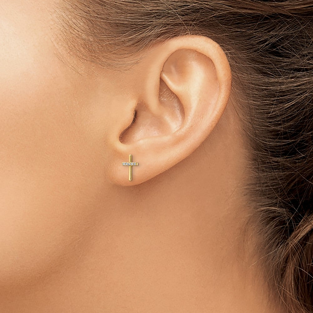 14K Yellow Gold Cz Cross Post Earrings