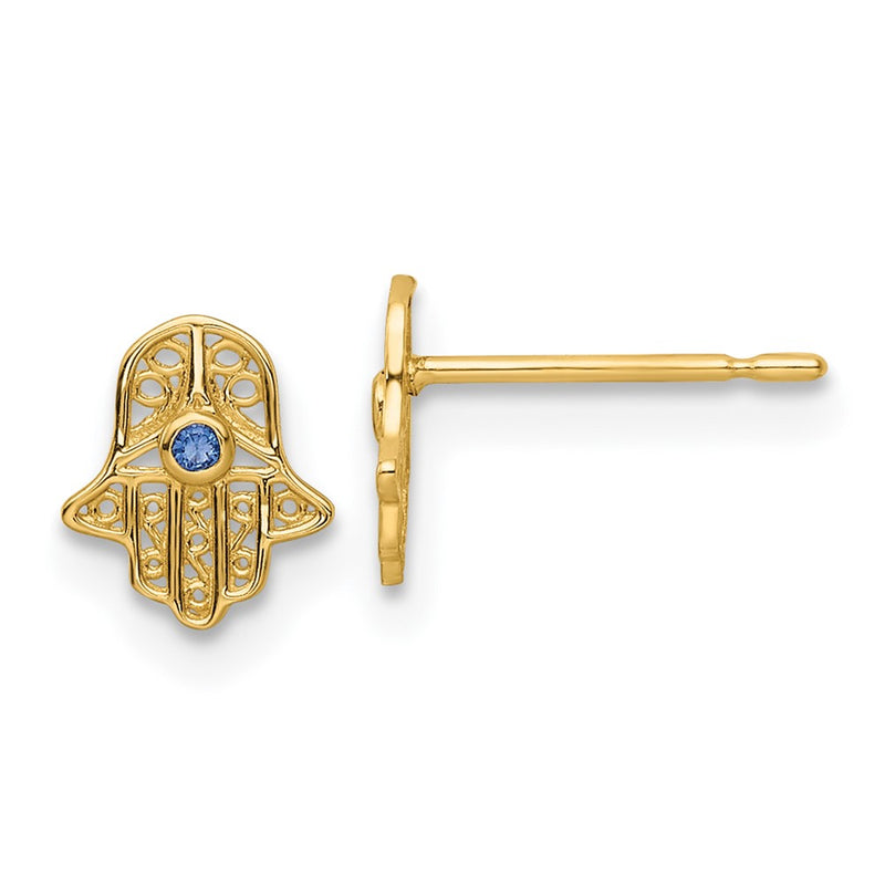 14K Yellow Gold Blue Glass Stone Hamsa Post Earrings