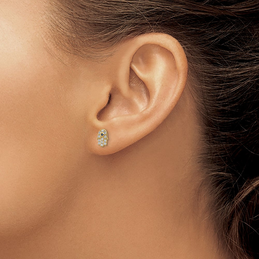 14K Yellow Gold Cz & Blue Glass Stone Hamsa Post Earrings