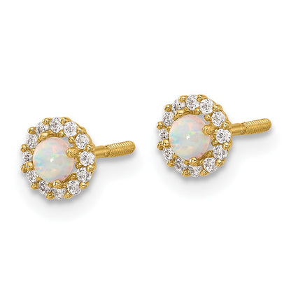14K Yellow Gold Polished CZ and Created Opal Circle Screwback Post Earrings