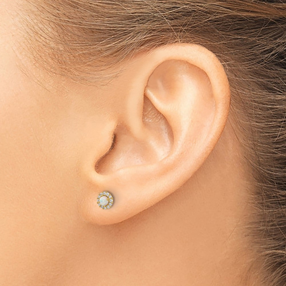 14K Yellow Gold Polished CZ and Created Opal Circle Screwback Post Earrings
