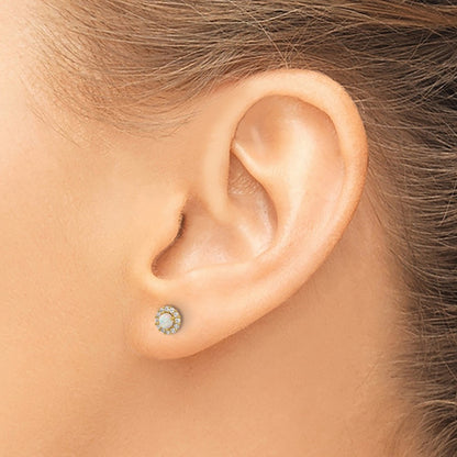 14K Yellow Gold Polished CZ and Created Opal Circle Screwback Post Earrings