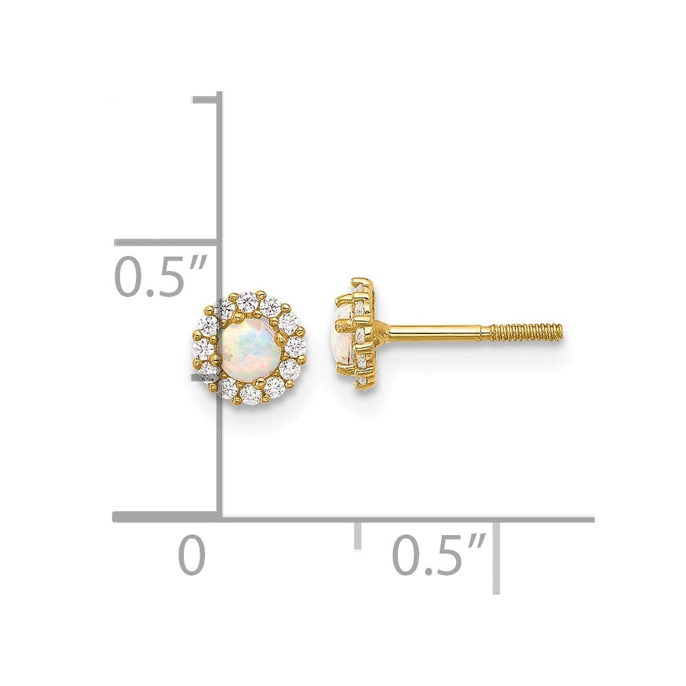 14K Yellow Gold Polished CZ and Created Opal Circle Screwback Post Earrings
