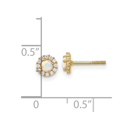 14K Yellow Gold Polished CZ and Created Opal Circle Screwback Post Earrings