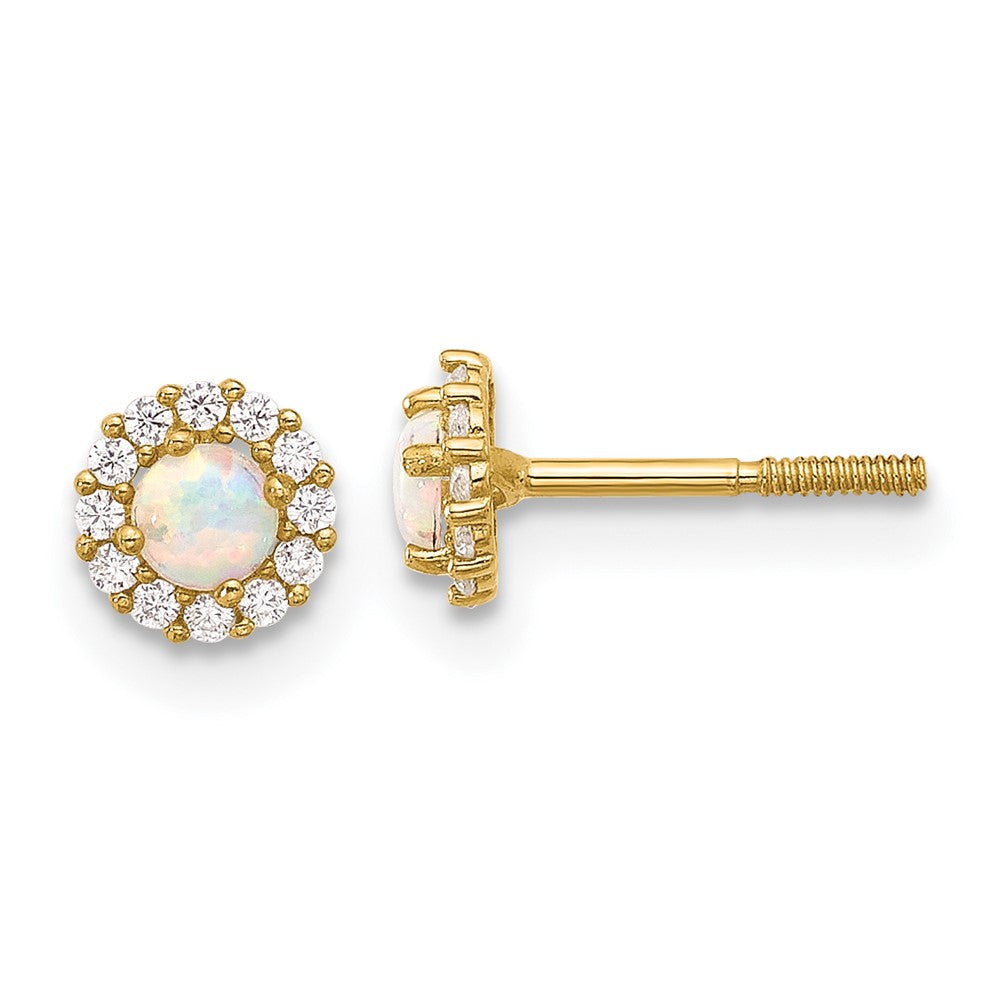 14K Yellow Gold Polished CZ and Created Opal Circle Screwback Post Earrings