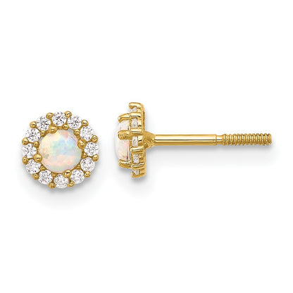 14K Yellow Gold Polished CZ and Created Opal Circle Screwback Post Earrings