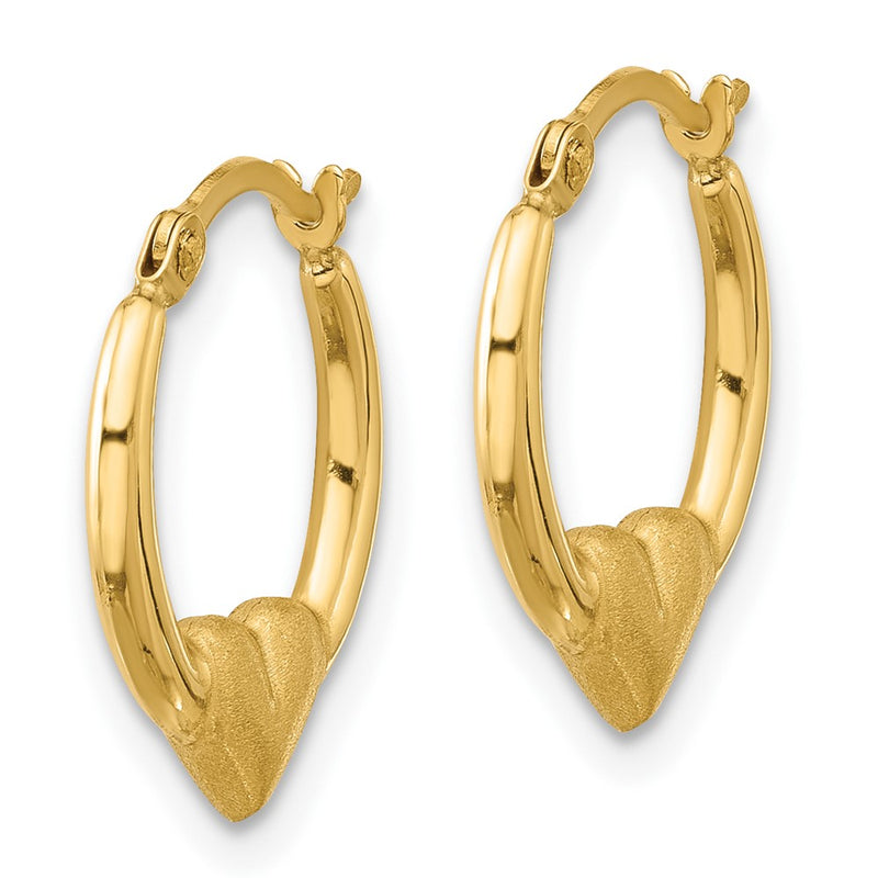14K Yellow Gold Polished and Satin Heart Hoop Earrings