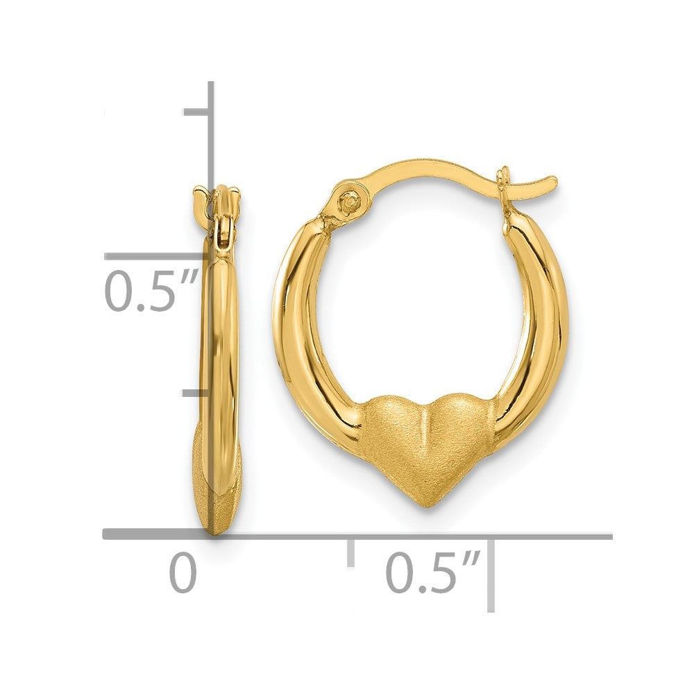 14K Yellow Gold Polished and Satin Heart Hoop Earrings
