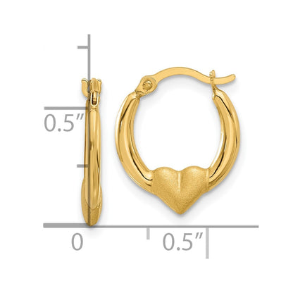 14K Yellow Gold Polished and Satin Heart Hoop Earrings