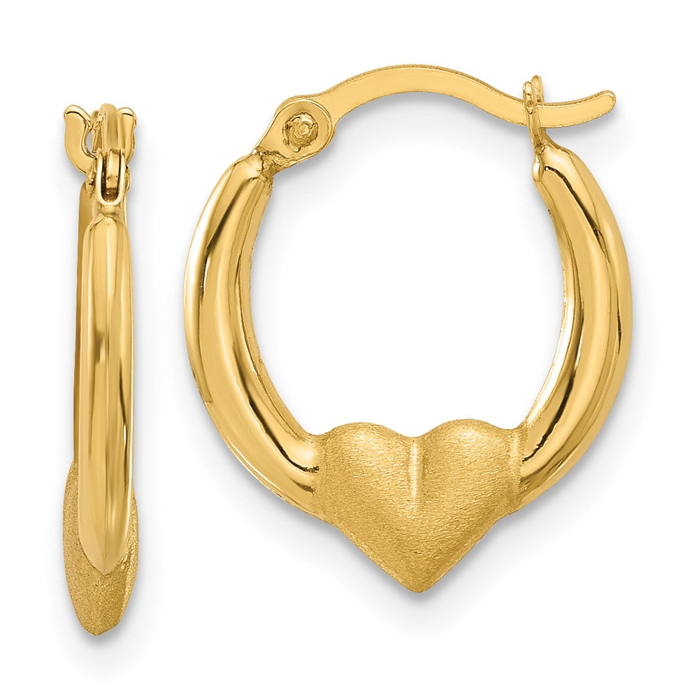 14K Yellow Gold Polished and Satin Heart Hoop Earrings