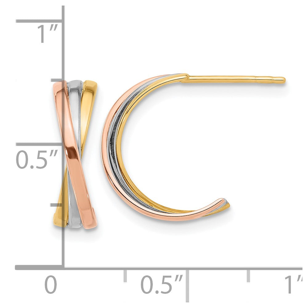 14K Twisted Tri-Color Hoop Post Earrings