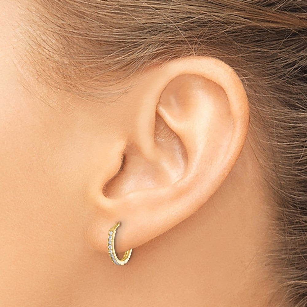 14K Yellow Gold Polished CZ and D/c 1.5mm Huggie Hoop Earrings