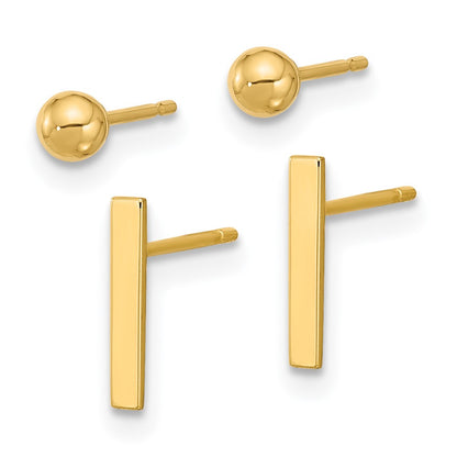 14K Yellow Gold Polished 3mm Ball and Bar Earring Set