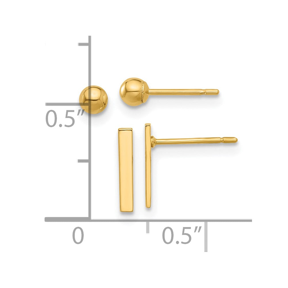 14K Yellow Gold Polished 3mm Ball and Bar Earring Set