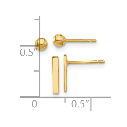 14K Yellow Gold Polished 3mm Ball and Bar Earring Set