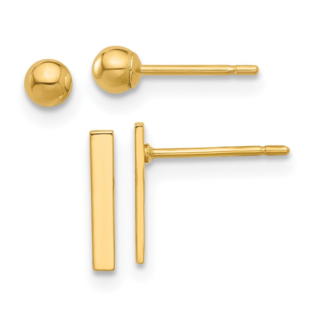 14K Yellow Gold Polished 3mm Ball and Bar Earring Set