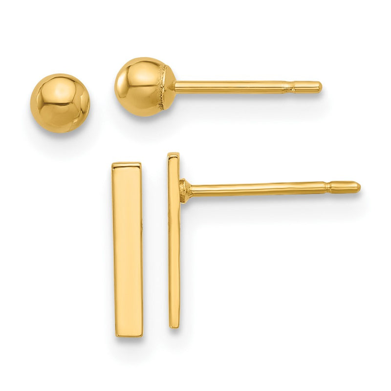 14K Yellow Gold Polished 3mm Ball and Bar Earring Set