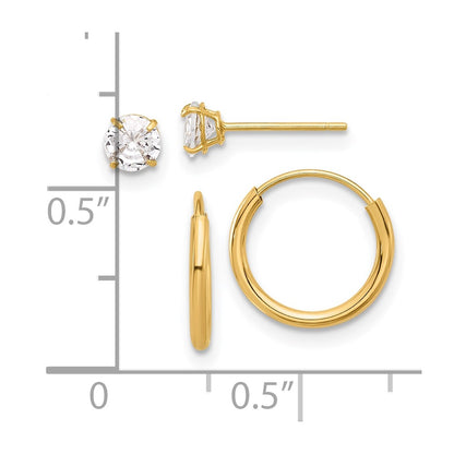 14K Yellow Gold Polished CZ Studs and Small Endless Hoop Earring Set