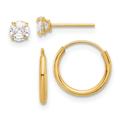 14K Yellow Gold Polished CZ Studs and Small Endless Hoop Earring Set