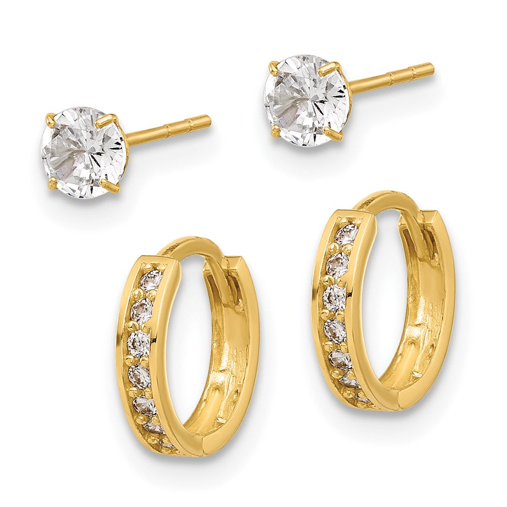 14K Yellow Gold Polished CZ Post and Hinged Hoop Earring Set