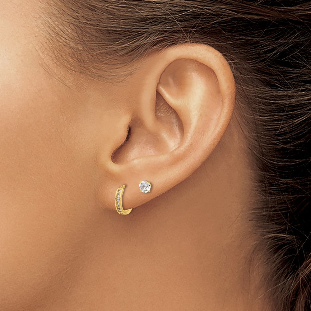 14K Yellow Gold Polished CZ Post and Hinged Hoop Earring Set