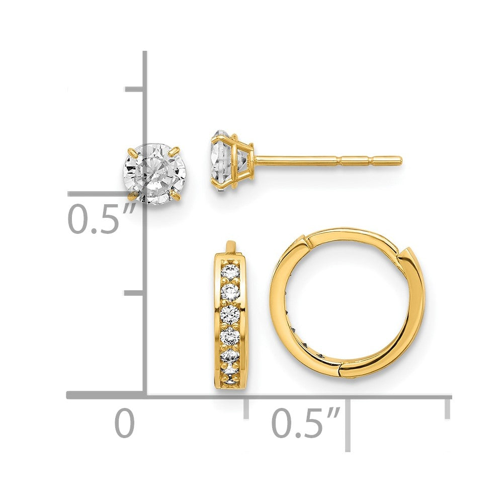 14K Yellow Gold Polished CZ Post and Hinged Hoop Earring Set