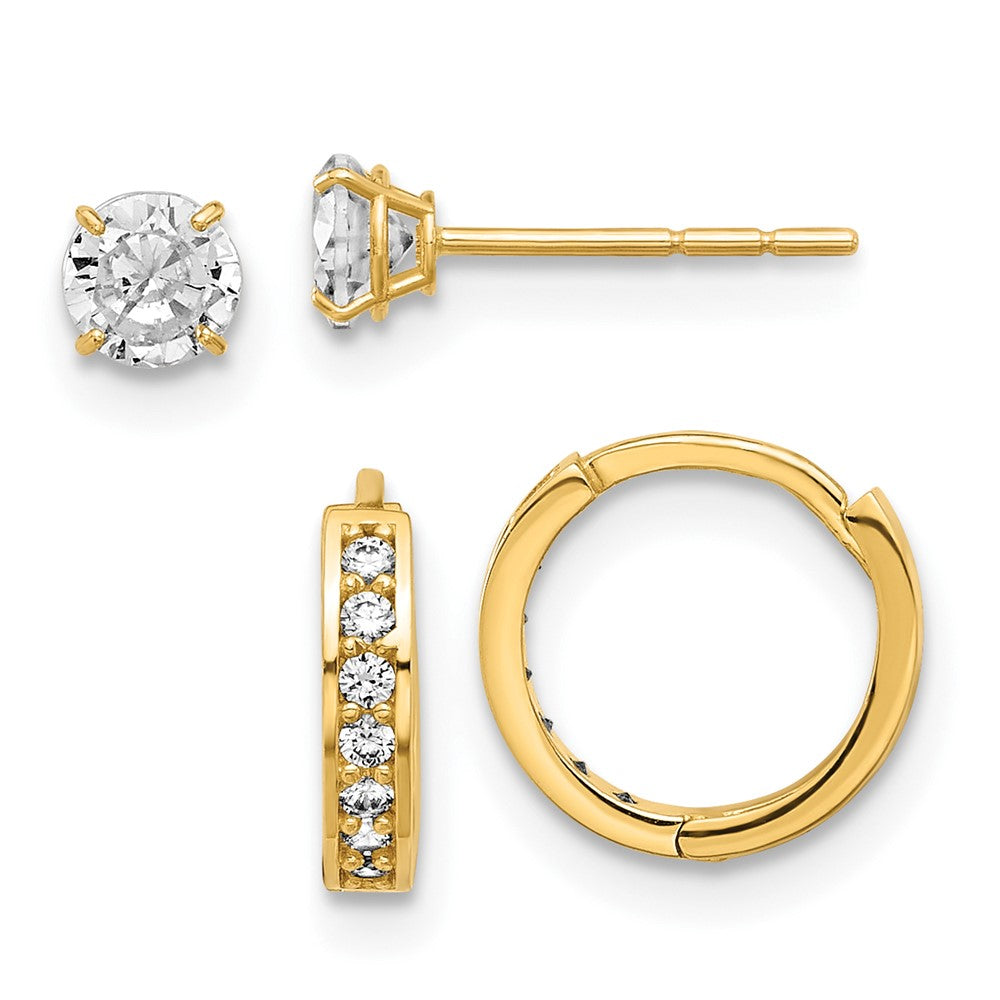 14K Yellow Gold Polished CZ Post and Hinged Hoop Earring Set