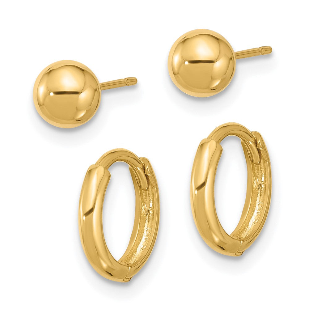 14K Yellow Gold Polished 5mm Ball and Hinged Hoop Earring Set