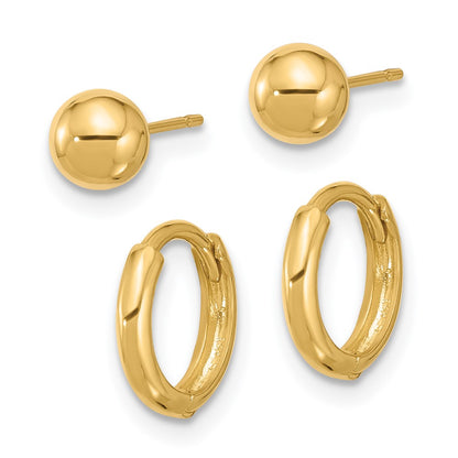 14K Yellow Gold Polished 5mm Ball and Hinged Hoop Earring Set