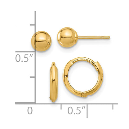14K Yellow Gold Polished 5mm Ball and Hinged Hoop Earring Set