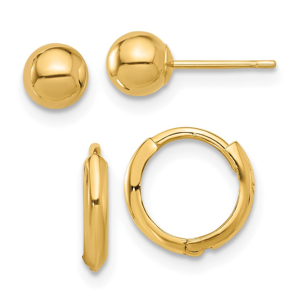 14K Yellow Gold Polished 5mm Ball and Hinged Hoop Earring Set