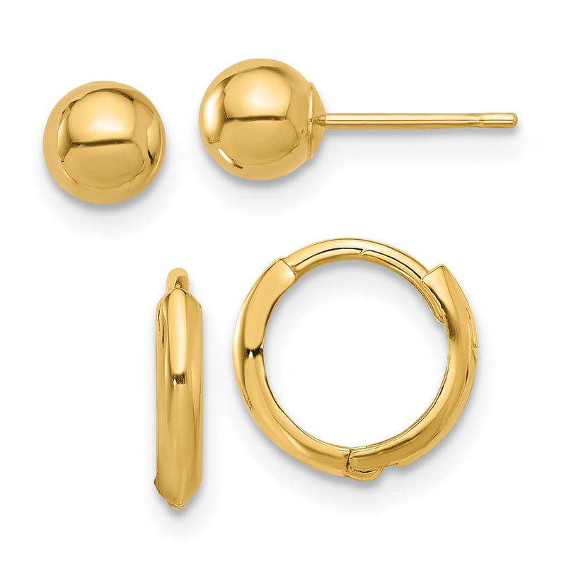 14K Yellow Gold Polished 5mm Ball and Hinged Hoop Earring Set